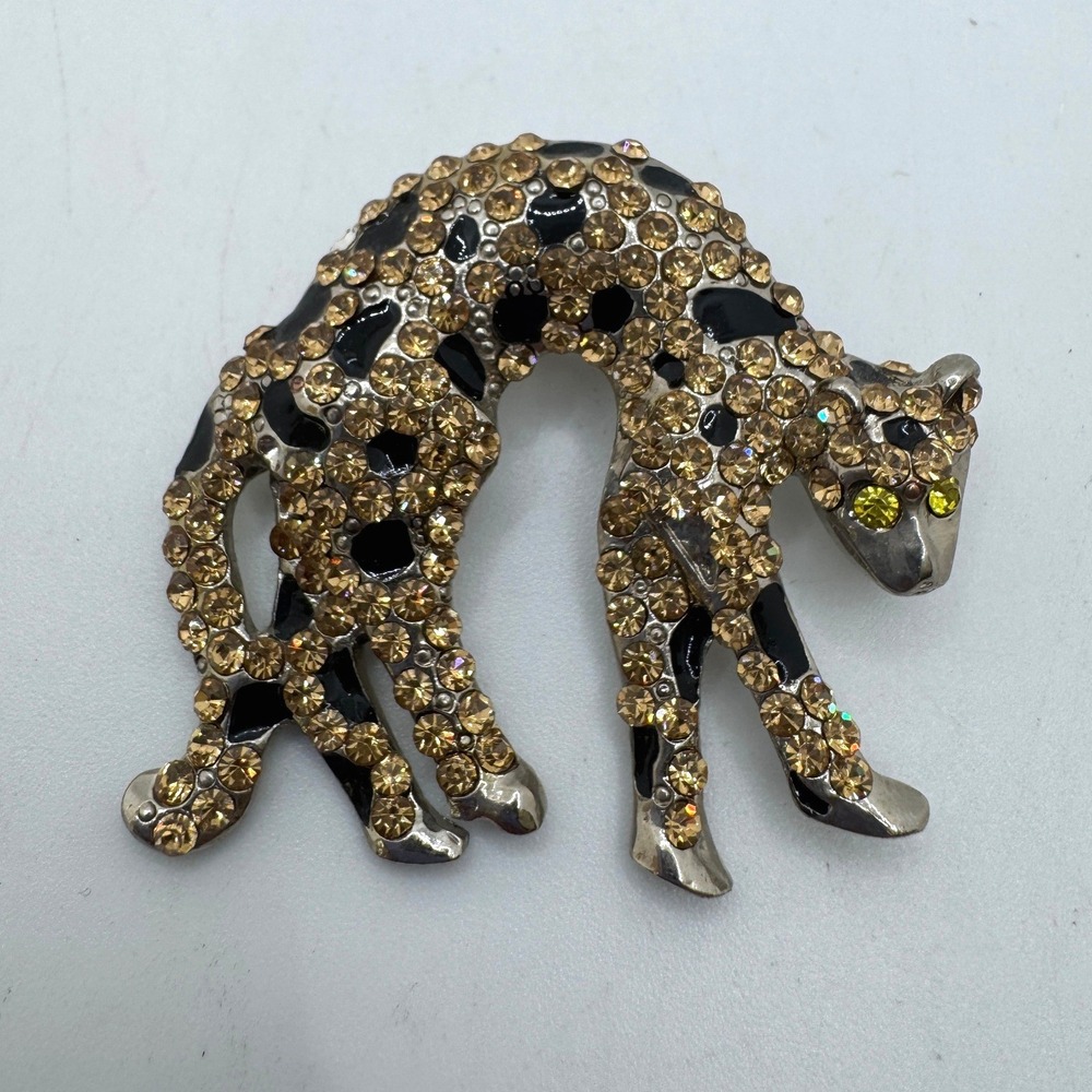 Vintage Rhinestone Leopard Brooch Enamel Spotted Cheetah Pin Silver Tone Cat